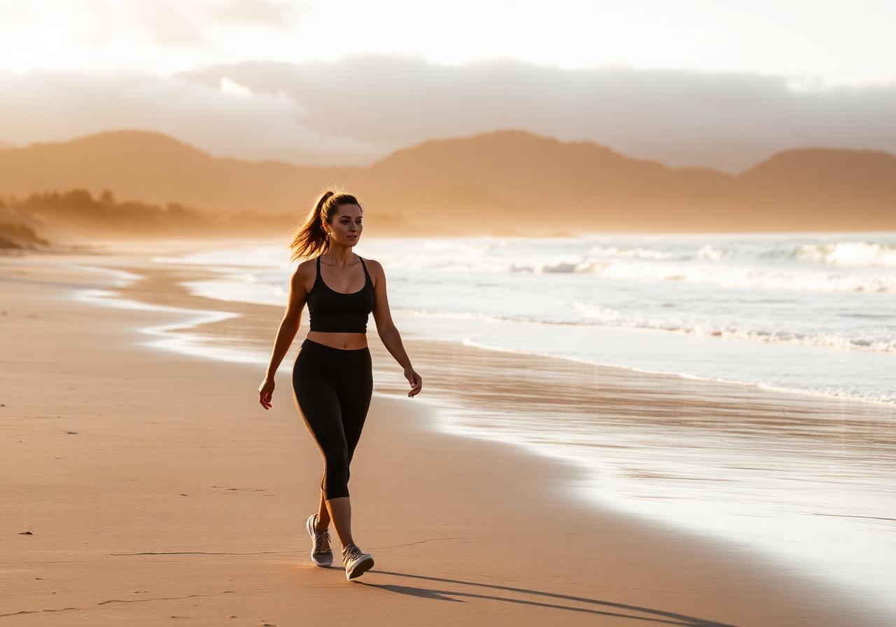 Woman walking along a New Zealand coastline at sunrise